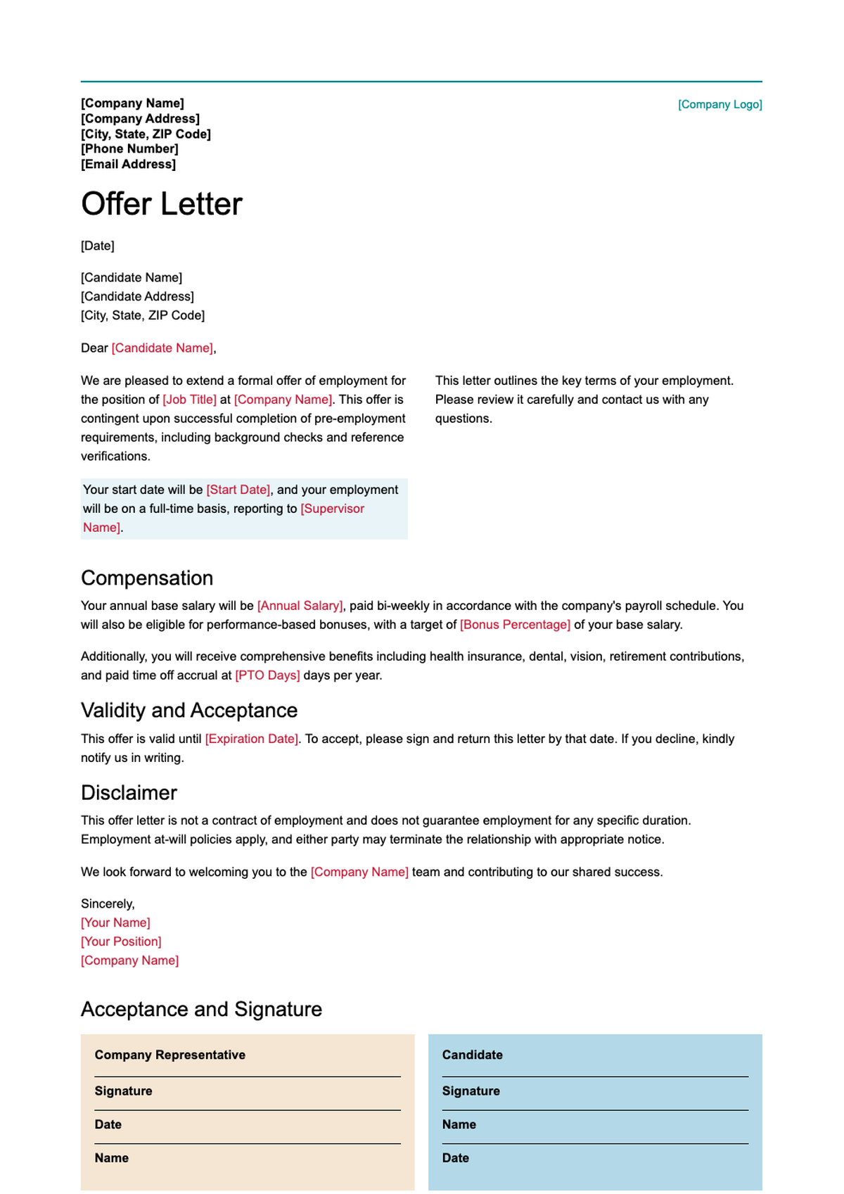 Professional job offer letter template with acceptance signature sections_variant_2